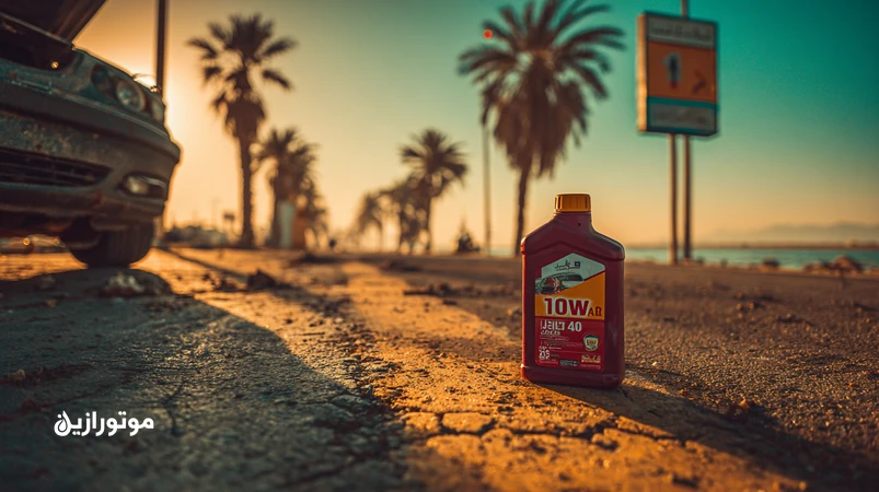 تصویر خودرو در جاده ساحلی جنوب ایران با کاپوت باز و روغن موتور 10W-40/15W-40؛ نمایش گرمای شدید، رطوبت و انتخاب روغن مناسب برای بوشهر و هرمزگان