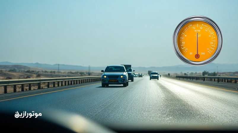 راهنمای تصویری روغن موتور مناسب اقلیم گرم جنوب ایران؛ جاده داغ، خودروی در حرکت و نمایش گریدهای 5W-40، 10W-40 و 20W-50 برای سفرهای طولانی