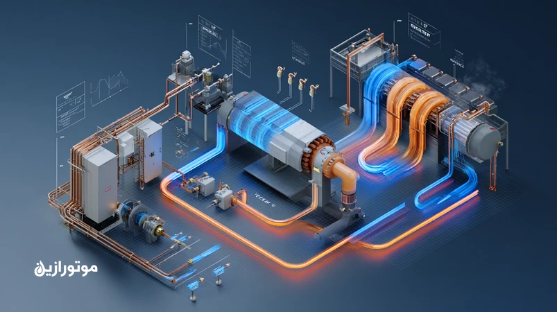 نمودار ایزومتریک سیکل یخ‌زدایی سردخانه با نمایش کمپرسور، مدار روغن، جداساز روغن و گرادیان دمایی؛ تمرکز بر روانکاری در سیکل‌های یخ‌زدایی