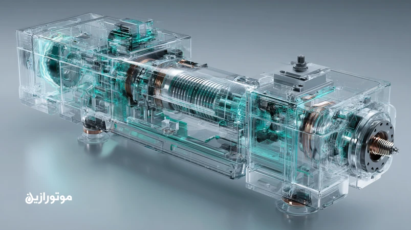 تصویر برشخورده e-Axle خودرو برقی با جریان سیال عایق الکتریکی برای خنککاری سیمپیچ، حفاظت از مس و کاهش NVH؛ راهنمای انتخاب روغن e-Axle و سیالات EV