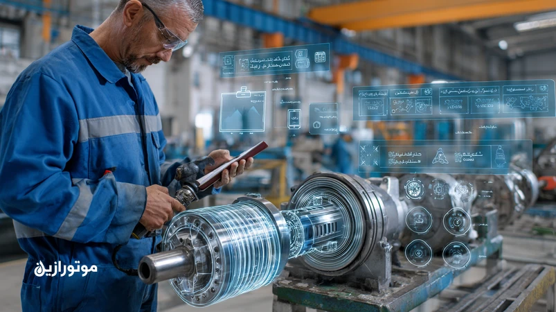 تصویر چک‌لیست سرویس گریس در کارخانه؛ تکنسین در حال گریس‌کاری یاتاقان الکتروموتور با گریس‌گان کالیبره، آیکون‌های دما، بار و سرعت و نمونه‌گیری گریس