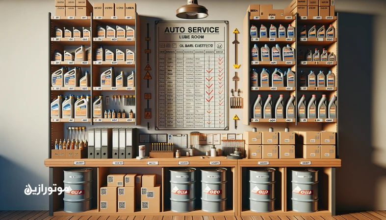 مدیریت موجودی روغن و فیلتر با اجرای FIFO، کدگذاری قفسه‌ها و اسناد COA/MSDS در اتوسرویس؛ قفسه‌های منظم و برچسب‌گذاری رنگی