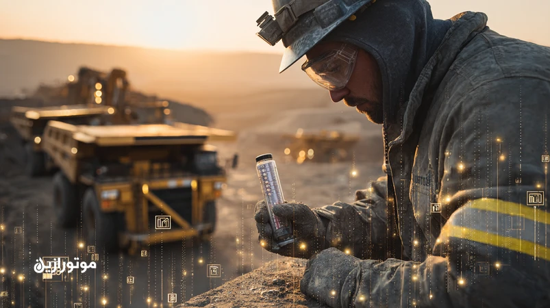 نمونه‌گیری روغن و فیلتراسیون در ناوگان معدنی سنگین؛ تکنسین در معدن روباز در حال برداشت نمونه هیدرولیک با فیلتر بای‌پس و اشاره به کلاس تمیزی ISO 4406