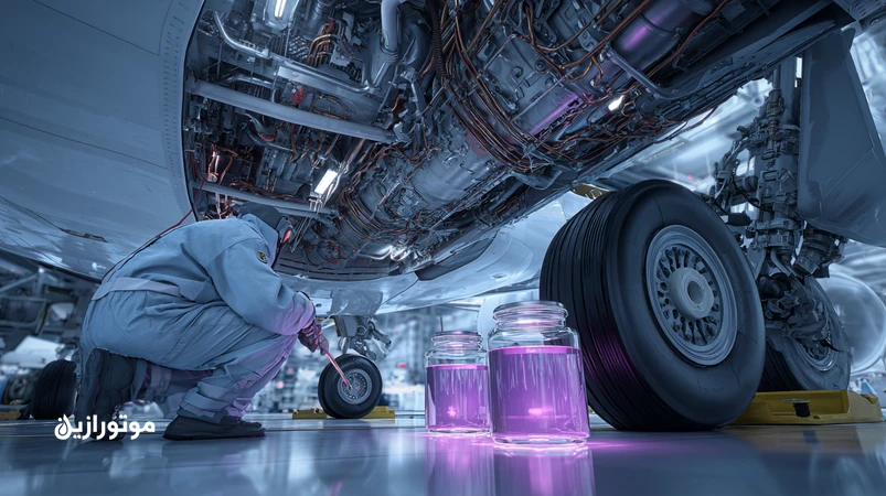 نمای نزدیک از سامانه هیدرولیک هواپیمای مسافربری با مایع هیدرولیک ضدآتش و خطوط هیدرولیک؛ تاکید بر ایمنی، روانکار فسفات‌استر و استاندارد AS1241