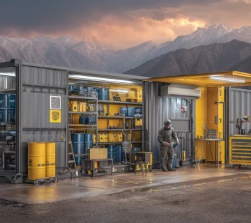 مدیریت روغن ناوگان پروژه در کارگاه سیار معدنی؛ کانکس انبار روغن با بشکههای برچسبخورده، فیلتراسیون سوخت و روغن و ردیابی بشکهها