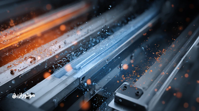 نمای نزدیک از ریل‌های راهنمای پرس اکستروژن با تمرکز بر خرابی فیلم روغن راهنما، وارنیش و سایش در فرآیند اکستروژن آلیاژهای آلومینیوم و منیزیم