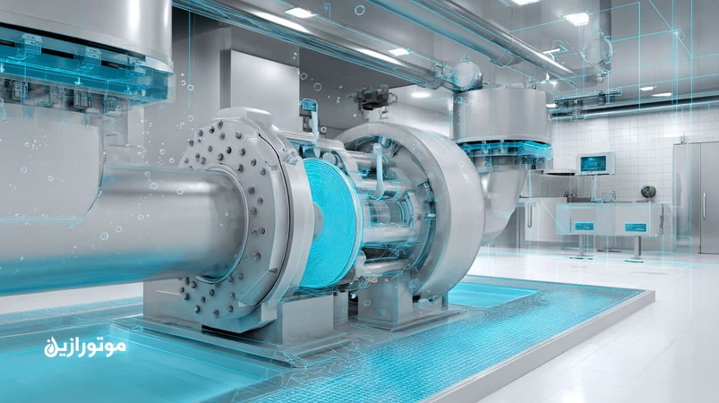 نمای داخلی یک کارخانه صنایع غذایی با میکسر High‑Shear استیل و نمایش برشی فیلم روانکار H1 شفاف روی یاتاقان‌ها؛ تأکید بر کنترل کف و پایداری ویسکوزیته.