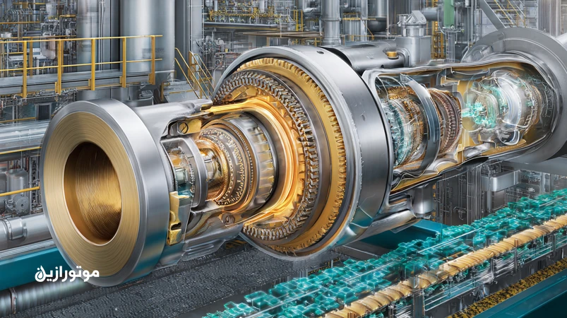 تصویر کمپرسور و توربین در واحد گاز ترش با نمایش H₂S و لایه محافظ روغن مقاوم در برابر خوردگی؛ مناسب برای انتخاب روانکار H₂S‑Resistant