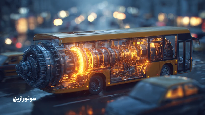 تصویر اتوبوس شهری ایران با برش گیربکس اتومات سنگین و مکانیک‌ها در حال بررسی روغن ATF؛ موضوع: روغن گیربکس اتومات برای ناوگان اتوبوسرانی شهری