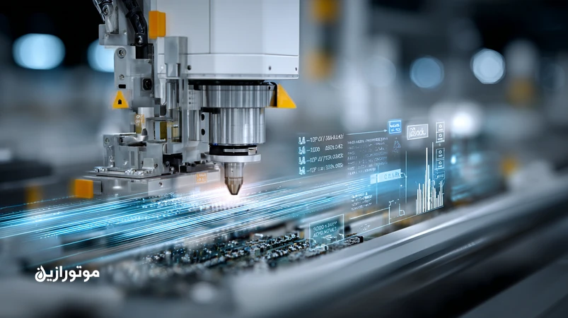 تصویر ربات مونتاژ سریع Pick & Place با جزئیات راهنماهای خطی و قطرات روانکار، همراه با اشاره به ویسکوزیته مناسب، فیلم EHL و پاکیزگی ISO 4406