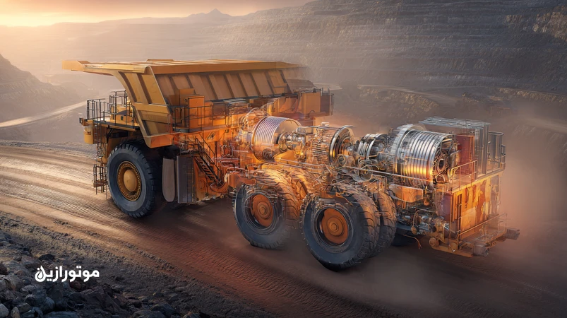 نمایی فتو‌رئال از معدن روباز ایران با دامپتراک و شاول کابلی و نمای برشی گیربکس و نهایی با فیلم روغن High-Vis برای روانکاری مگاماشین‌ها