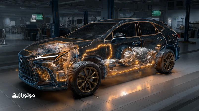 نمای برش‌خورده خودروی هیبریدی با تاکید بر جریان روغن موتور 0W-20 و 5W-30 و مدیریت دما برای کاهش استهلاک در ترافیک ایران