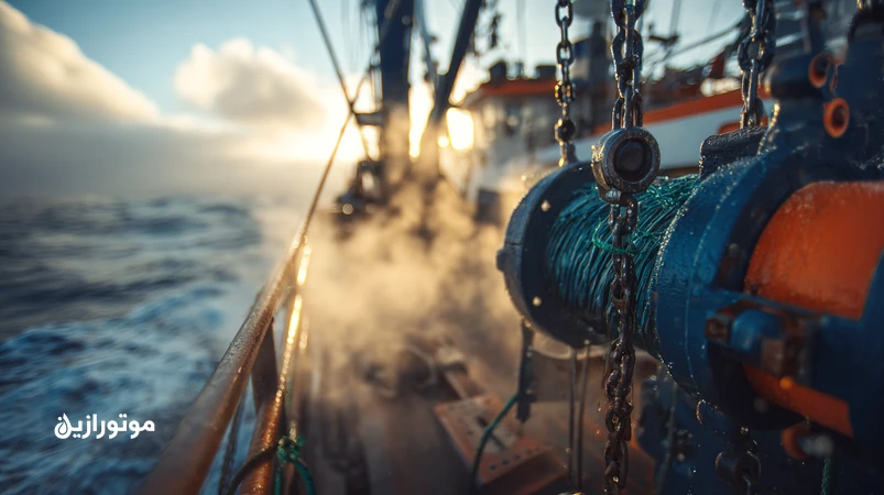 تصویر جرثقیل عرشه و وینچ صید با تمرکز بر روغن هیدرولیک دریایی مقاوم در دمای بالا و بار ضربه‌ای، کنترل کف و اشاره به ISO VG 46/68 و ISO 4406