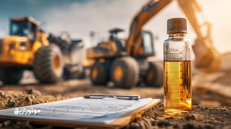 نمونه‌گیری روغن هیدرولیک از بیل مکانیکی در معدن با نمایش کد تمیزی ISO 4406، نمودار ویسکوزیته و آب؛ گزارش تحلیلی پایش روغن در پروژه‌های معدنی و راه‌سازی
