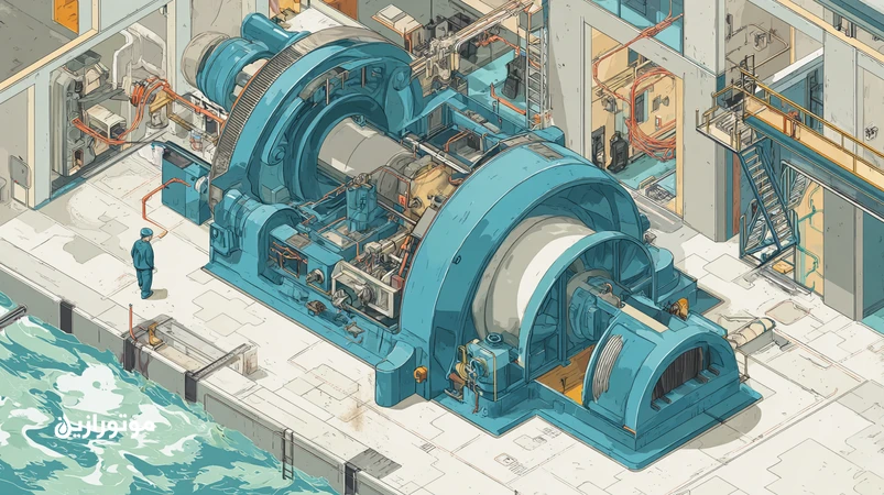 نمای برشی از ژنراتور هیدرو با یاتاقان‌های روغنی و سیل‌روغن؛ پایش دما و لرزش در محیط مرطوب سد کارون برای نگهداری پایدار نیروگاه برق‌آبی