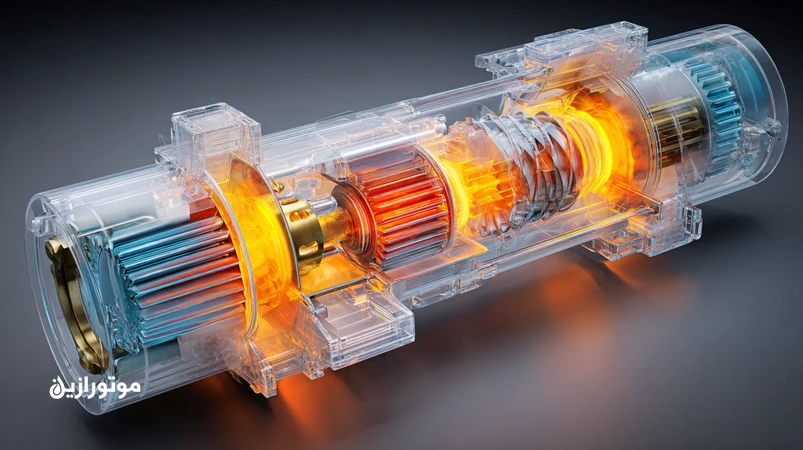 برش گرافیکی گیربکس بوژی قطار سریع‌السیر با نمایش فیلم هیدرودینامیکی روغن و نواحی فروپاشی به‌دلیل دمای بالا، کف و آلودگی؛ راهنمای انتخاب روغن دنده ریلی