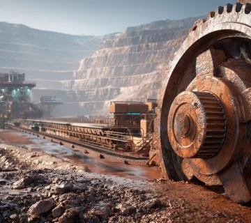 نمای نزدیک گیربکس نوار نقاله معدن با روغن دنده صنعتی CLP و افزودنی ضدسایش، در محیطی پرگردوغبار و مرطوب، مناسب خطوط بلند معادن روباز