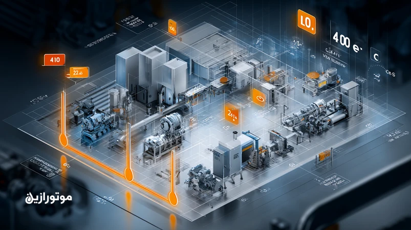 راهنمای تصویری انتخاب گرید ISO VG در روغن صنعتی بر اساس دما و بار کاری با نمودار ویسکوزیته و آیکونهای هیدرولیک، گیربکس، کمپرسور و یاتاقان
