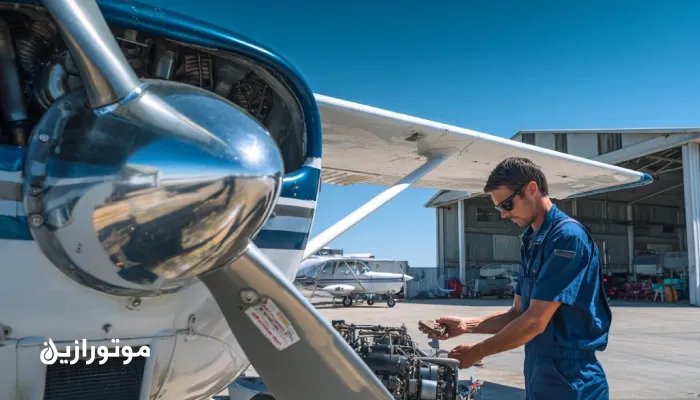 بررسی سطح روغن موتور پیستونی هواپیمای سبک در آشیانه کوچک؛ تکنسین هوانوردی با لباس آبی در حال کنترل روغن طبق استانداردهای ایمنی و نگهداری موتور است.