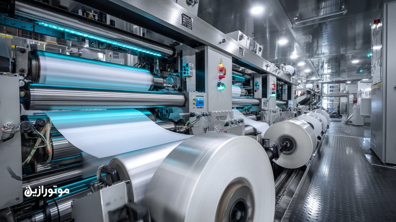 تصویر فنی از خط چاپ لیبل و فلکسو با رولها و سیستم روانکاری کممهپاشی، محیط شفاف و بدون مه روغن برای کنترل VOC و بهبود کیفیت چاپ.