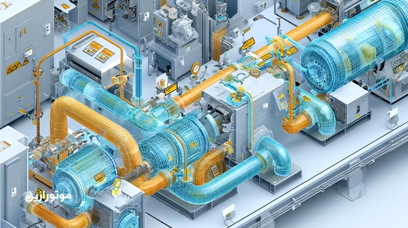 نمای ایزومتریک از سیستم برودتی صنعتی با رسوبات وکسی روغن در دیواره داخلی لوله‌های سرد، همراه با اواپراتور و جداکننده روغن