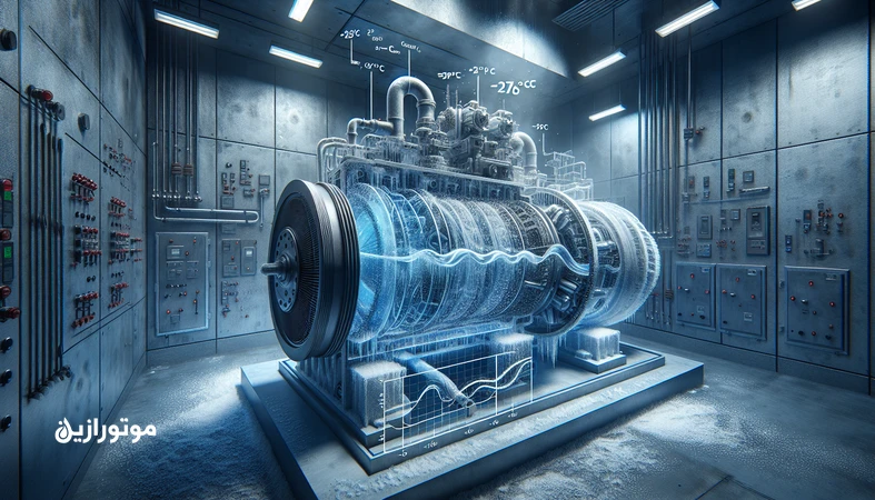 نمای صنعتی کمپرسور سردخانه در −۲۵ درجه با نمایش لایه روانکار و نمودار ویسکوزیته؛ تحلیل مهندسی اصطکاک و روانکاری در دماهای منفی