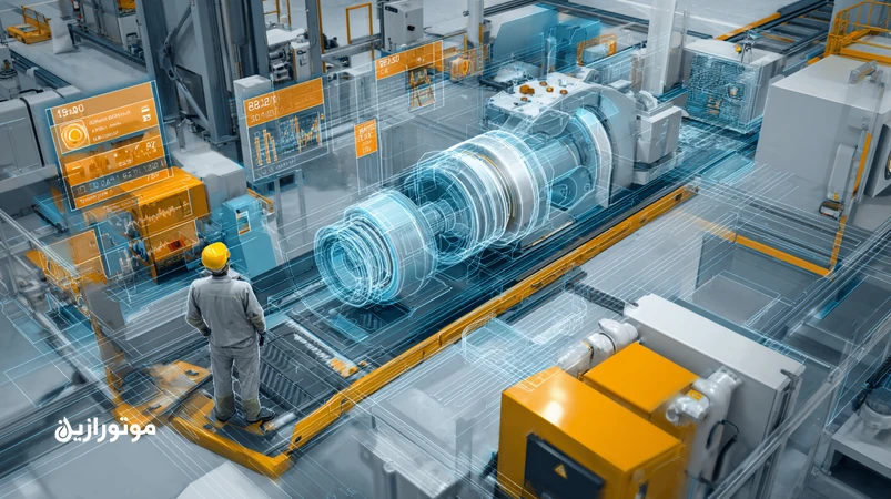 تصویر صنعتی از پنجره‌ روانکاری؛ مهندس در حال بررسی یاتاقان با نمودار زمان، دما، آلودگی و ویسکوزیته و نمایش کد پاکیزگی ISO 4406