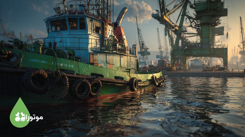 نمایی واقع‌گرایانه از یدک‌کش در اسکله با وینچ هیدرولیک و تاکید بر روانکار زیست‌تخریب‌پذیر دریایی برای کاهش آلودگی آب در بنادر ایران