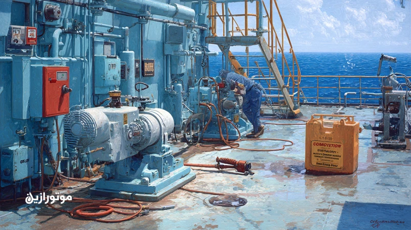 تصویر عرشه کشتی با کمپرسور هوا، کنترل آب‌زدگی و ضدزنگ ابزار با روغن کمپرسور مناسب محیط دریایی و مه‌نمک