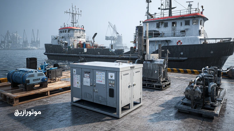 تصویر فنی از ژنراتور عرشه و پمپ اسکله در بندر جنوبی ایران با قایق صیادی و یدک‌کش؛ نمایش روغن هیدرولیک HVLP، گریس ضدآب کلسیم سولفونات و تنفس‌گیر رطوبت‌گیر.