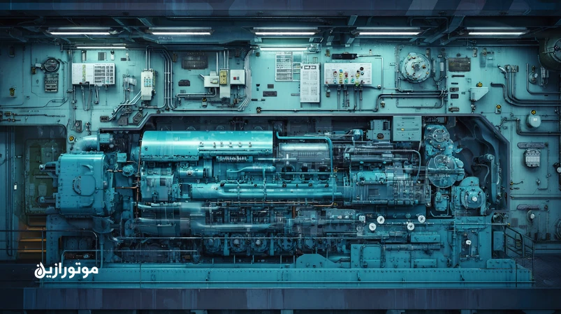 نمای برشی موتور دیزل دریایی با تاکید بر اثر سوخت کم‌گوگرد بر نازک‌شدن فیلم روغن، نشتی سیل‌ها و افزایش سایش؛ همراه نمودارهای پایش وضعیت روغن