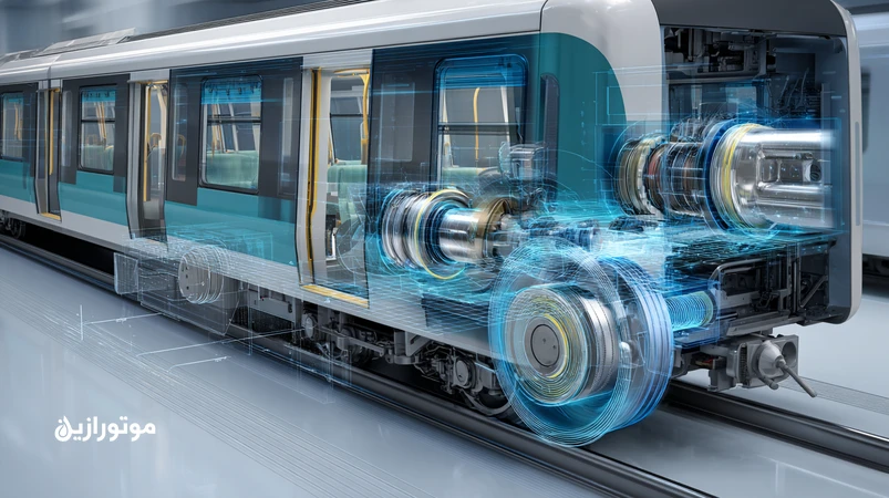 شماتیک بوژی مترو با یاتاقان‌های گریس‌کاری‌شده کم‌صدا و نمایش میرایی ارتعاش، مرتبط با رئولوژی گریس و کاهش نویز در درها و فن‌های مترو