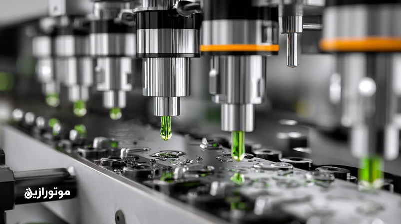 نمای صنعتی از روانکاری Micro‑Mist در خط چاپ بسته‌بندی با نازل‌های هم‌محور، مه روغن ریز ۱–۱۵ میکرون و محیط پاک برای کیفیت چاپ و کاهش مصرف روغن