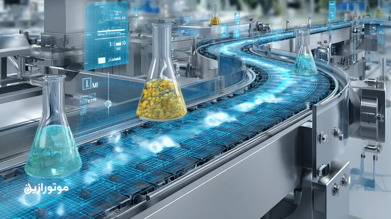 تصویر فتوواقعی از خط بسته‌بندی مواد غذایی با نمایش مهاجرت مولکولی روانکار از زنجیر و جوهر چاپ به فیلم بسته‌بندی و اشاره به OML/SML
