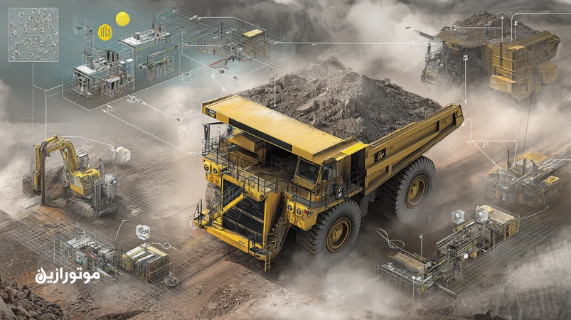 تصویر آلودگی گردوغبار سیلیسی در معادن و اثر آن بر روغن موتور، روغن هیدرولیک و گریس با نمایش مسیر ورود ذرات و نقش فیلتر و آب‌بندی