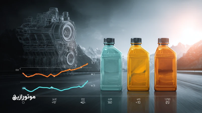 راهنمای انتخاب ویسکوزیته روغن موتور بین 0W-20، 5W-30 و 10W-40 بر اساس سبک رانندگی در ایران با نمایش بصری شرایط شهری، بزرگراهی و کوهستانی