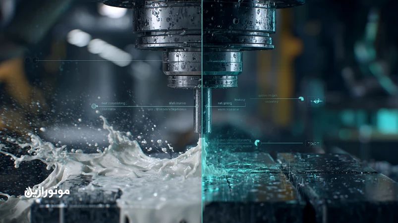 مقایسه بصری MQL با خنککار غرقابی در یک سلول CNC؛ میکروپاشش روغن کممصرف در برابر امولسیون غرقابی، با تمرکز بر ابزار و تراشه خشک