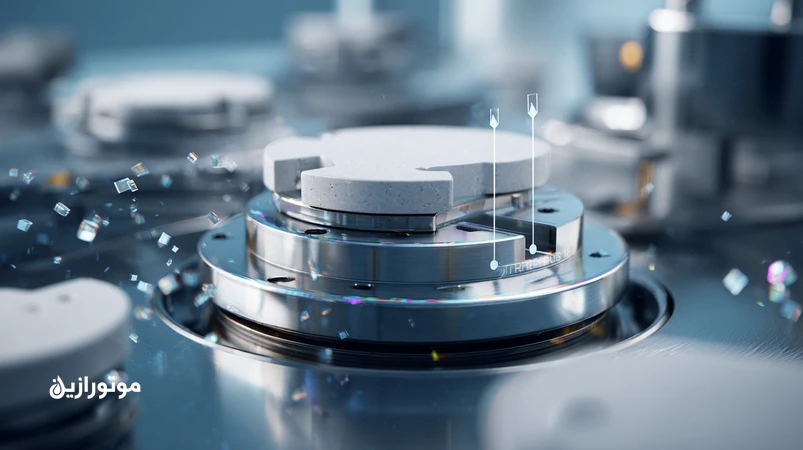 تصویر ماکرو از Nano-Film Lubrication روی سطوح استنلس‌استیل و سرامیک در تجهیزات دارویی، نشان‌دهندهٔ کاهش اصطکاک و پاکیزگی مطابق GMP