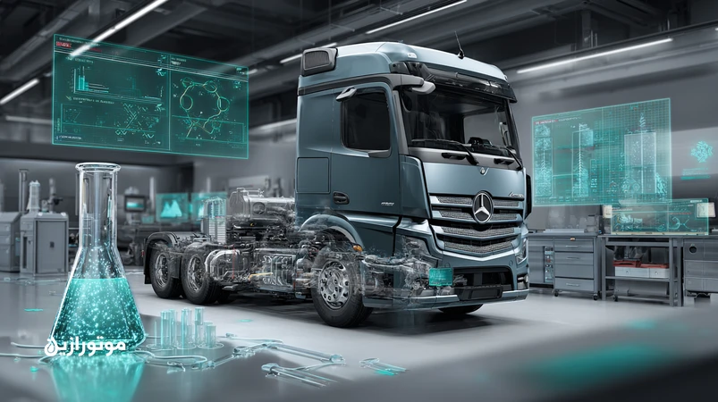 تصویر مفهومی افزودنی‌های ضدسایش نسل جدید برای موتورهای یورو ۶ با نمایش موتور کامیون، DPF و مولکول‌های مولیبدن/بور؛ سازگار با گارانتی.