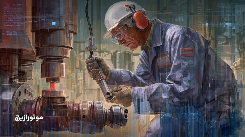 نمونه‌گیری و تحلیل روغن در برنامه PM؛ تکنسین در کارگاه صنعتی با بطری نمونه‌گیر و نمودار ویسکوزیته، TBN/TAN و کد ISO 4406