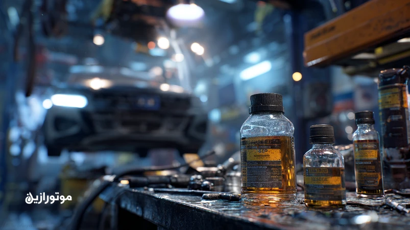 تصویر اتوسرویس ایرانی هنگام تعویض روغن؛ مکانیک، فیلتر نامناسب و براده‌های کارتل که نشان‌دهندهٔ خطرات تعویض اشتباه روغن موتور است.