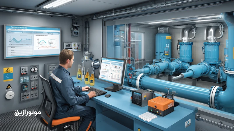 پایش وضعیت روغن در خطوط اتیلن غرب با نمایش KPIهای ویسکوزیته، TAN، میزان ذرات ISO 4406 و آب؛ نمونه‌گیری و تجهیزات آنالیز در کنار پمپ‌ها