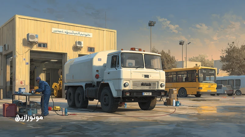 نمونه‌گیری روغن از کامیون در پایگاه ناوگان با نمایش پارامترهای ویسکوزیته، TBN/TAN و کد پاکیزگی ISO 4406 در برنامه پایش روغن ناوگان حمل‌ونقل