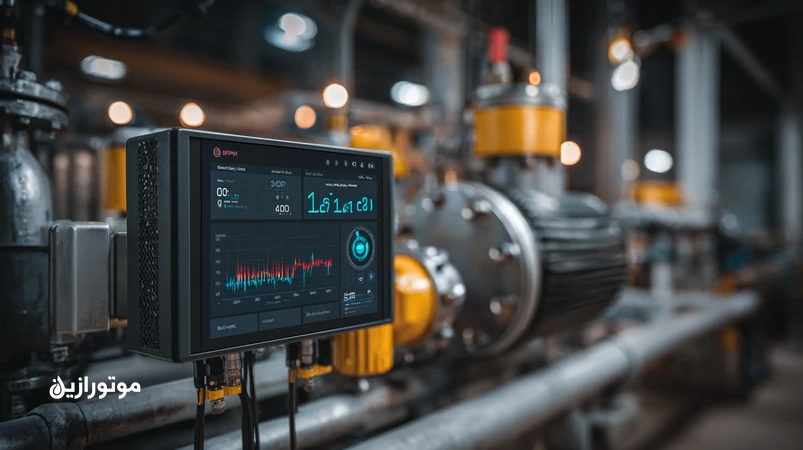 سنسورهای پایش آنلاین روغن در کارخانه ایرانی؛ شامل سنسور دما، ارتعاش، رطوبت، شمارش ذرات و دی‌الکتریک متصل به داشبورد IoT برای نگهداری هوشمند.