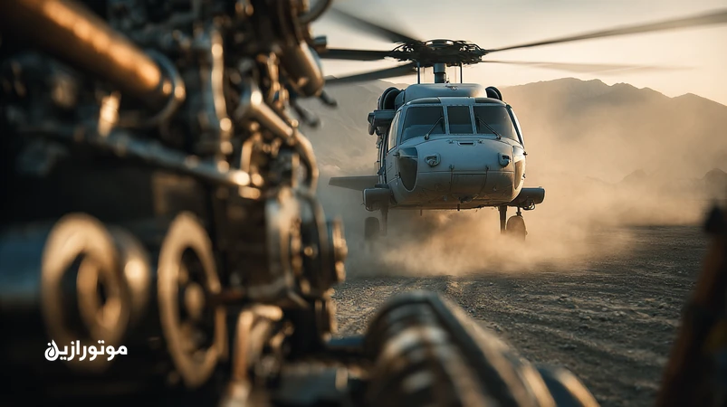 هلیکوپتر عملیاتی در پرواز ارتفاع پایین میان گردوغبار شدید با تاکید بر گیربکس، خطوط هیدرولیک و مدیریت روغن برای قابلیت‌اطمینان ناوگان