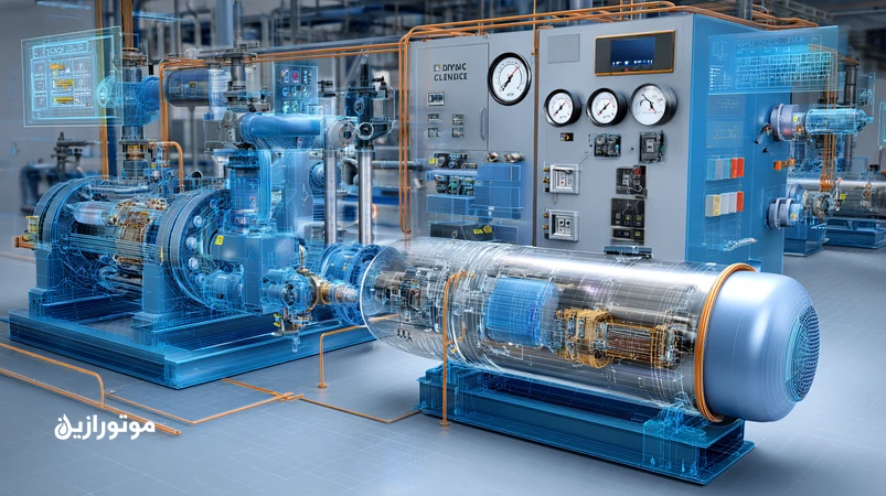 تصویر صنعتی سیستم CO₂ ترنس‌کریتیک با کمپرسور و نمایش روغن PAO نسل جدید مناسب سردخانه و سوپرمارکت، همراه با اجزای اویل‌سپراتور و خطوط پرفشار
