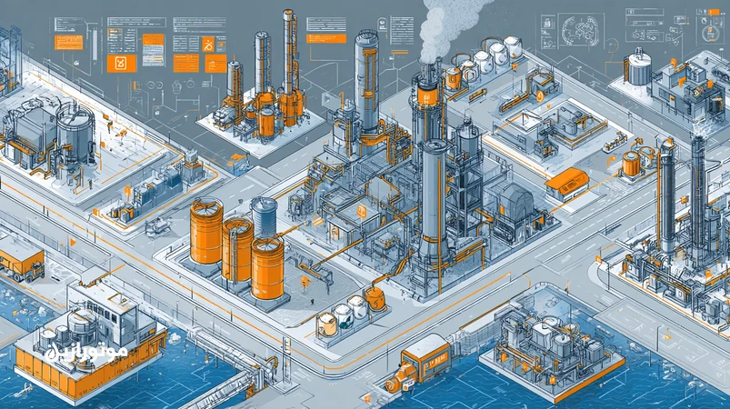 تصویر مفهومی از یکپارچگی روانکار در پروژه‌های چندکارخانه‌ای با داشبورد PM متمرکز و کد پاکیزگی ISO 4406 در سایت‌های پراکنده