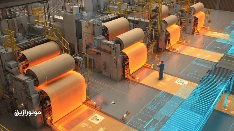 نمایی واقعی از خط چاپ و خشک‌کن بسته‌بندی مقوایی با Post-Print Curl؛ نمایش کانوایر زنجیری، رول‌های گرمایی و نقاط روانکاری با نقشه دمایی ناهمگون.