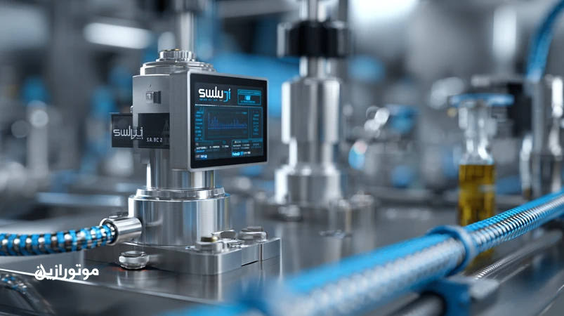 تصویر ماکرو سنسورهای هیدرولیک در روغن فوق‌دقیق و پاکیزه با نمایش کد پاکیزگی ISO 4406 و محیط خط تولید هوشمند برای بهبود دقت سنسورها