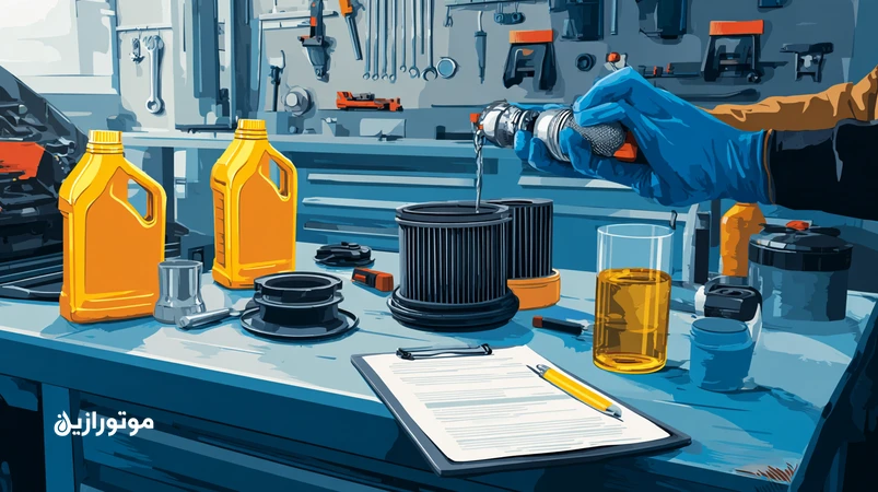 تصویر تعویض روغن استاندارد با چک‌لیست: مکانیک با گشتاورسنج در حال بستن فیلتر، تخلیه تمیز و روغن‌های 5W-30 و 15W-40 برای SOP تعویض روغن حرفه‌ای